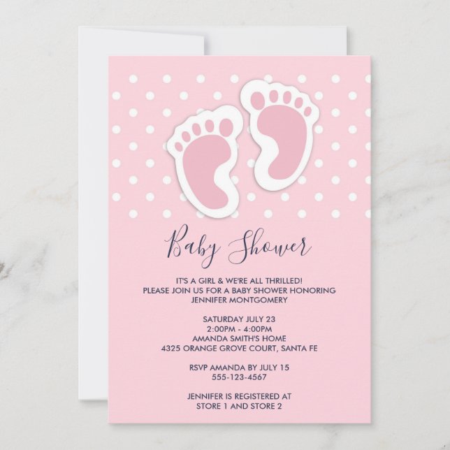 Cute Pink baby Girl Footprints Baby Shower Invitation (Front)