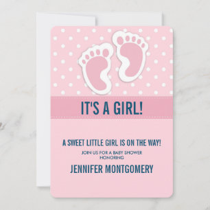 Cute Pink baby Girl Footprints Baby Shower Invitation