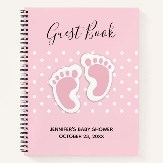 Cute Pink Baby Girl Footprints Shower Guestbook Notebook (Front)