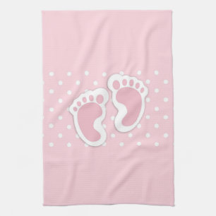 Cute Pink Baby Girl Footprints Tea Towel