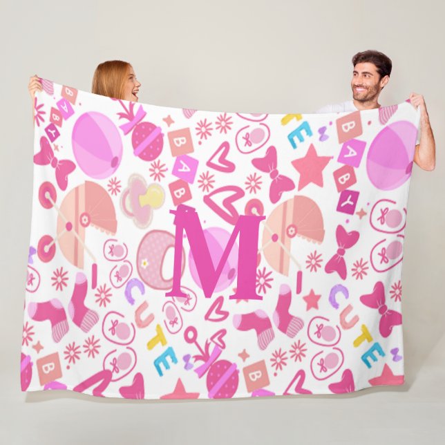 Cute Pink Baby Girl Nursery Pattern personalised Fleece Blanket (In Situ)