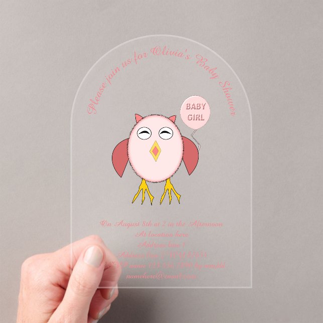 Cute Pink Baby Girl Owl Custom Baby Shower Acrylic Invitations (Insitu (Handheld))