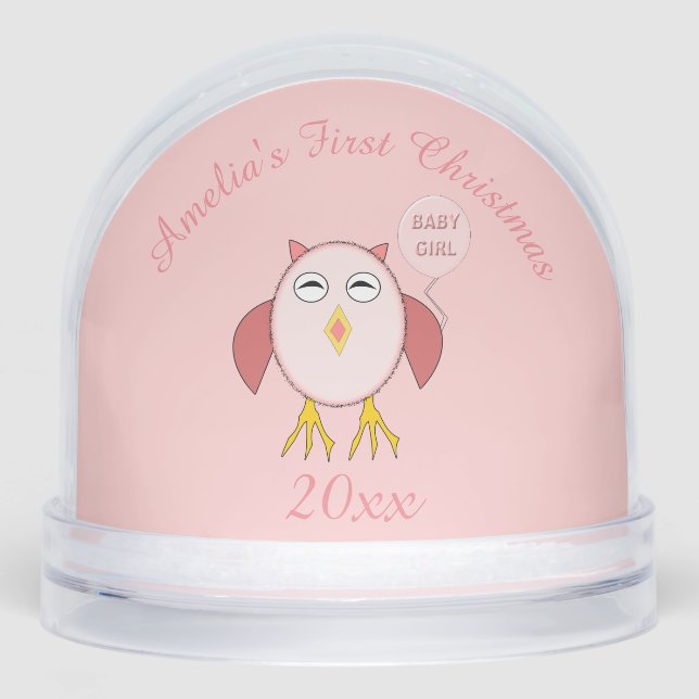 Cute Pink Baby Girl Owl Custom First Christmas Snowglobe (Front)
