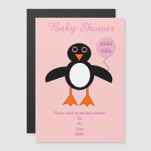 Cute Pink Baby Girl Penguin Custom Baby Shower Magnetic Invitation