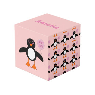 Cute Pink Baby Girl Penguin Personalised Cube