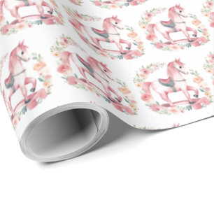 Cute Pink Baby Girl Rocking Horse Gift Wrapping Paper