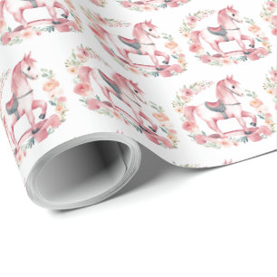 Cute Pink Baby Girl Rocking Horse Wrapping Paper