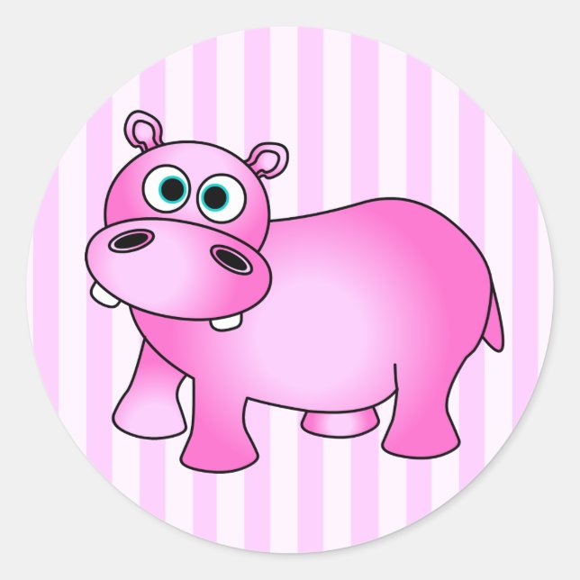 Cute Pink Baby Hippo Striped Stickers (Front)