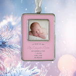 Cute Pink Baby Newborn Photo Keepsake Gift Silver Plated Framed Ornament<br><div class="desc">Add your beautiful baby photograph on this chic pink baby girl photo birth announcement Christmas ornament keepsake gift with grey typography. Customise with birth details of your newborn under the picture.</div>