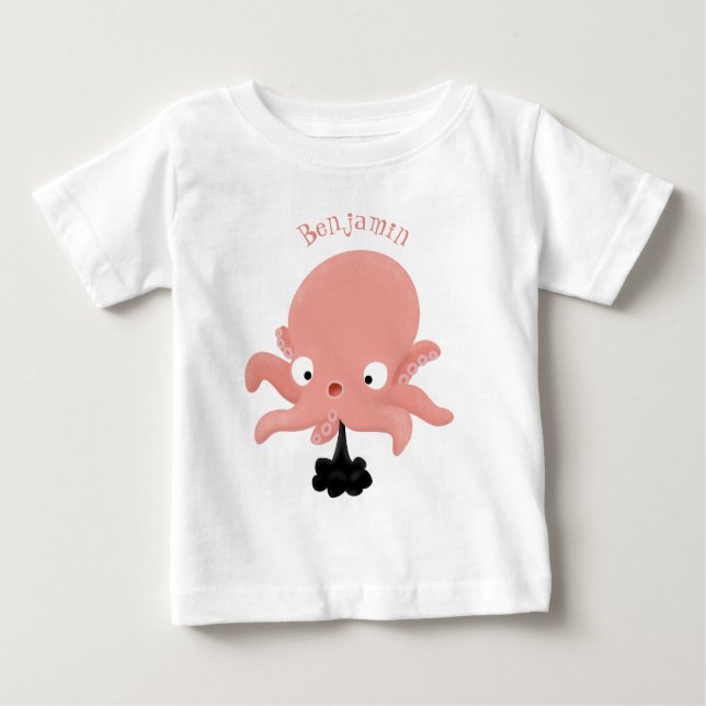 Cute pink baby octopus cartoon humour baby T-Shirt (Front)