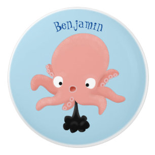 Cute pink baby octopus cartoon humour ceramic knob