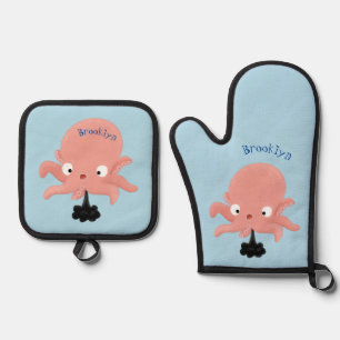 Cute pink baby octopus cartoon humour oven mitt & pot holder set