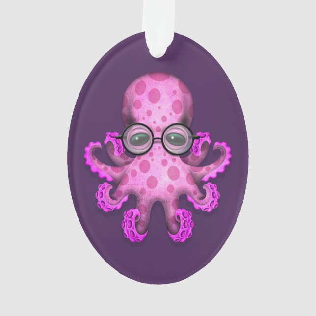 Cute Pink Baby Octopus Wearing Glasses on Purple Ornament (Back)