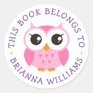 Cute pink baby owl bookplate sticker