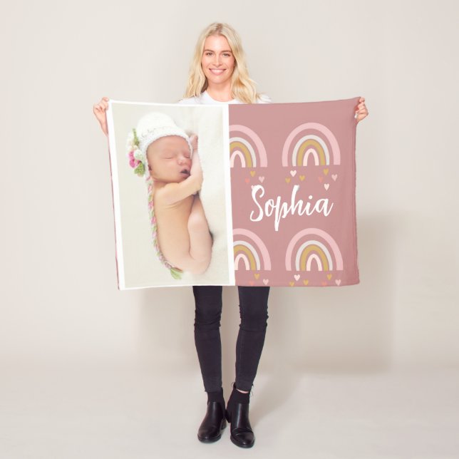 Cute Pink Baby Photo Rainbow Name Personalised  Fleece Blanket (In Situ)