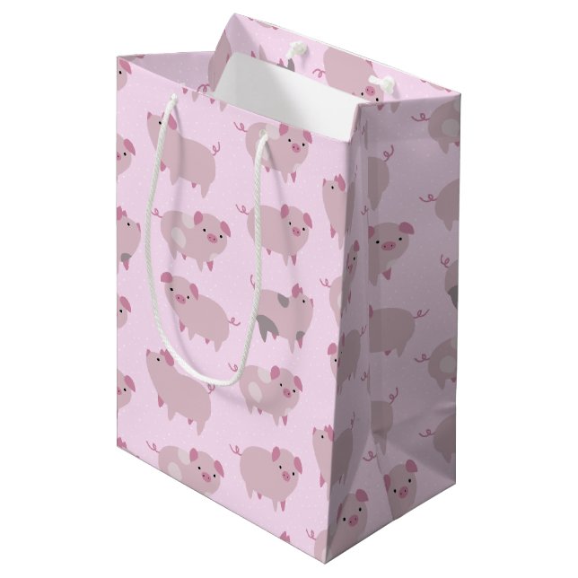 Cute Pink Baby Piglets Pattern & Dots Medium Gift Bag (Front Angled)