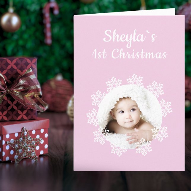 Cute Pink Baby˙s 1st Christmas Snowflake Photo Holiday Card (Creator Uploaded)