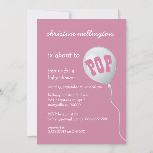 Cute Pink Baby Shower with Balloon for Girl A04 Invitation (Front)