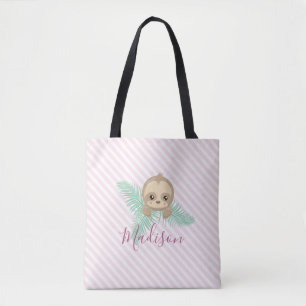 Cute Pink Baby Sloth Monogram Tote Bag
