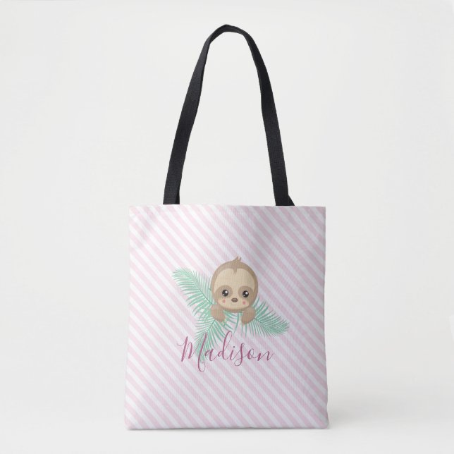 Cute Pink Baby Sloth Monogram Tote Bag (Front)
