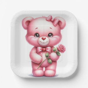 CUTE PINK BABY TEDDY BEAR WITH A ROSE PAPER PLATE