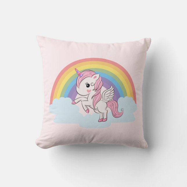 Cute Pink Baby Unicorn and Rainbow Cushion (Front)