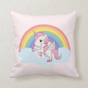 Cute Pink Baby Unicorn and Rainbow Cushion
