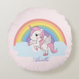 Cute Pink Baby Unicorn and Rainbow Round Cushion