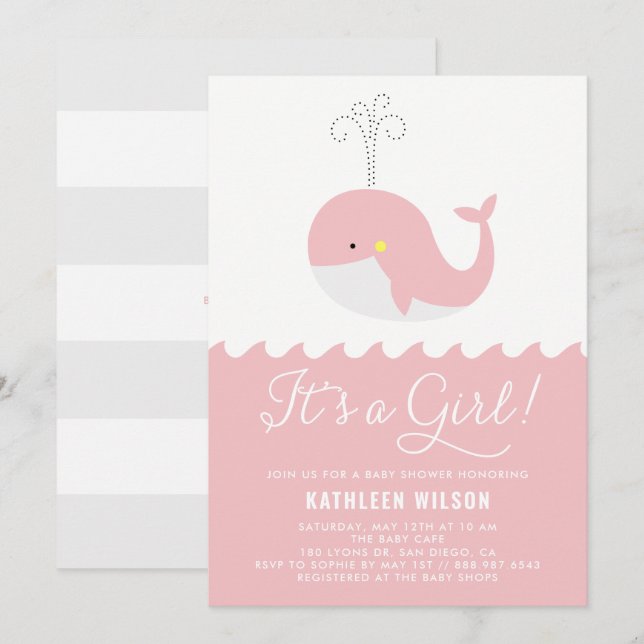 Cute Pink Baby Whale It's a Girl Baby Shower Invitation (Front/Back)