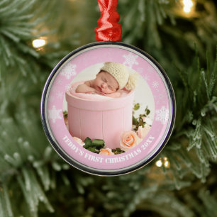 Cute pink baby's first christmas  metal ornament