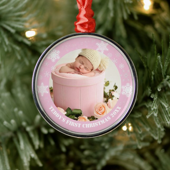 Cute pink baby's first christmas  metal ornament (Tree)