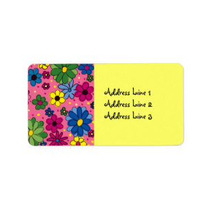 Cute Pink Background with Colourful Flowers Label