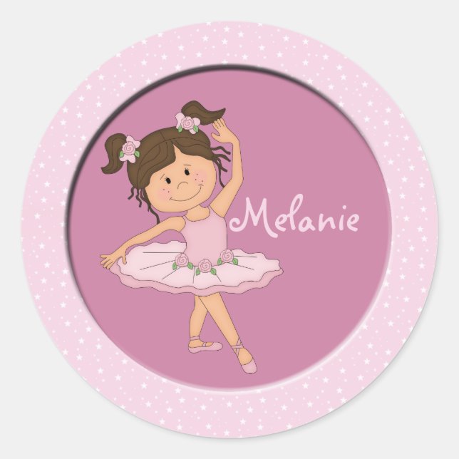 Cute Pink Ballerina 4 Custom Name Classic Round Sticker (Front)