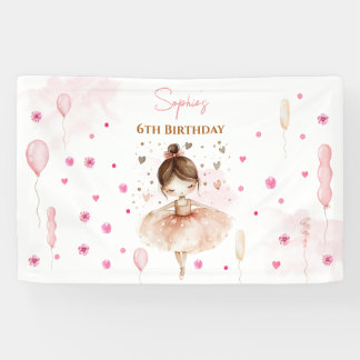 Cute pink ballerina and balloons birthday banner
