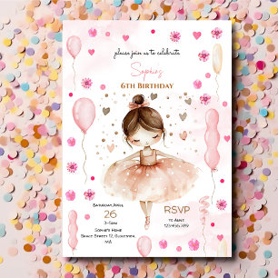 Cute pink ballerina and balloons birthday invitation