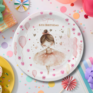 Cute pink ballerina and balloons birthday paper plate