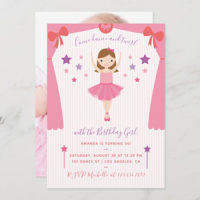 Cute Pink Ballerina Birthday add photo Invitation (Front/Back)