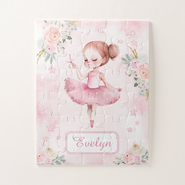 Cute pink ballerina birthday girl gift name puzzle (Vertical)