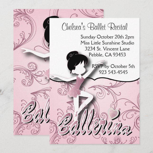 Cute Pink Ballerina Girl | Ballet Dance Recital Invitation (Front/Back)
