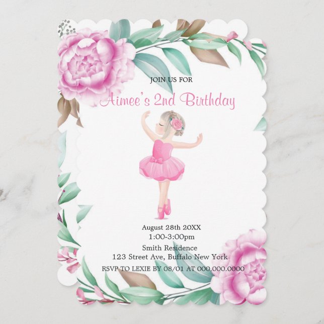 Cute Pink Ballerina Peony Birthday Invitations  (Front/Back)