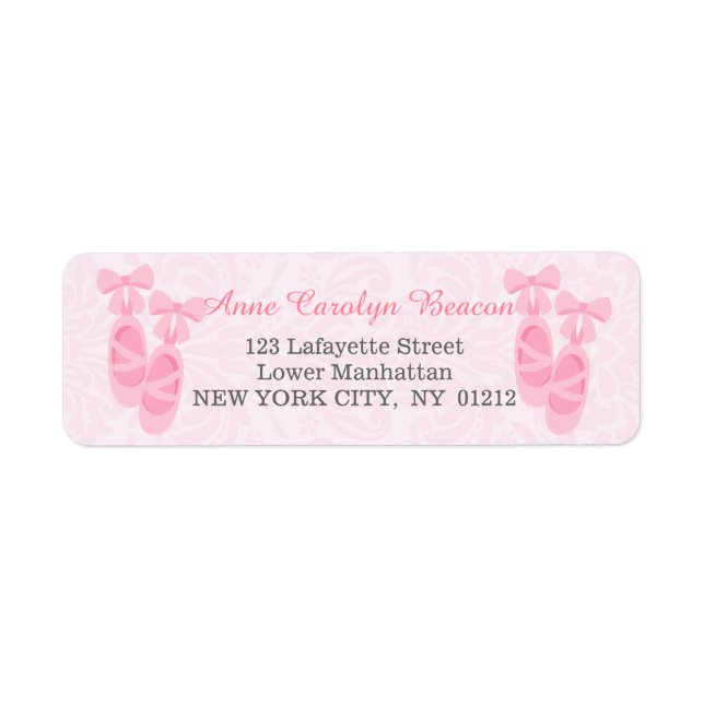 Cute Pink Ballet Shoes Damask Personalised Return Address Label (Front)