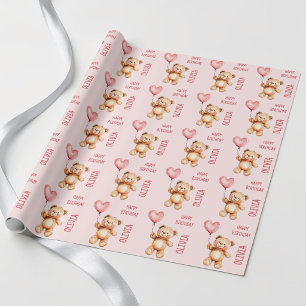Cute Pink Balloon Kids Teddy Bear Happy Birthday Wrapping Paper