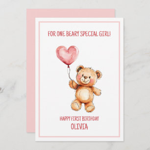 Cute Pink Balloon Teddy Bear Happy 1st Birthday Card