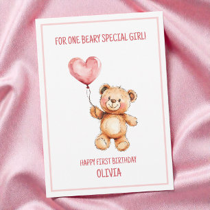 Cute Pink Balloon Teddy Bear Happy 1st Birthday Card