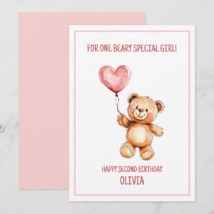 Cute Pink Balloon Teddy Bear Happy 2nd Birthday Card