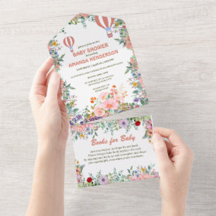 Cute pink Balloon watercolor flora baby shower All In One Invitation