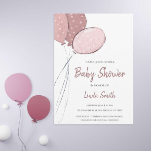 Cute Pink Balloons Girl Baby Shower Invitation