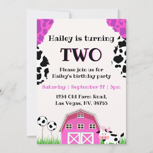 Cute Pink Barnyard Cow print Custom Age Birthday Invitation (Front)