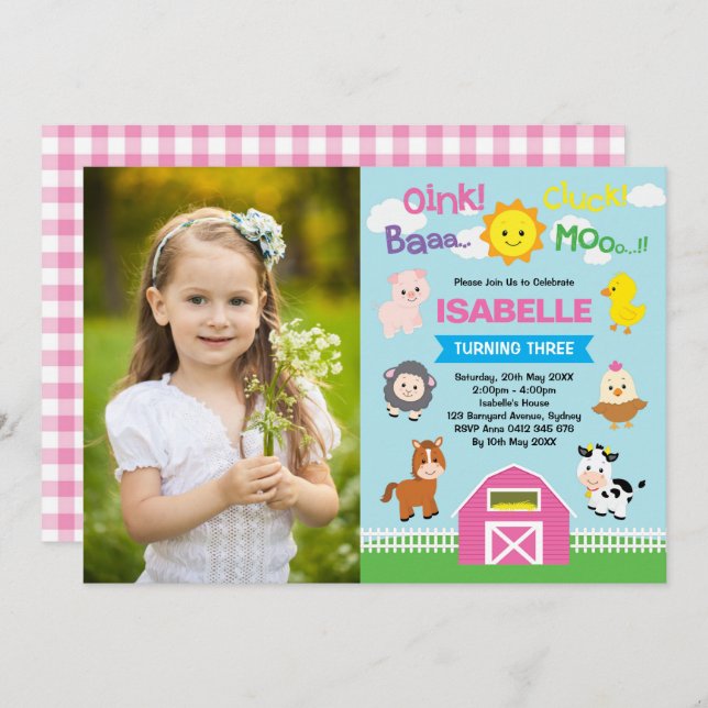 Cute Pink Barnyard Farm Animals 1st Birthday Photo Invitation (Front/Back)