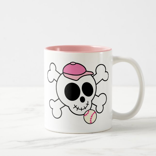 Cute Pink Baseball Skull and Crossbones Two-Tone Coffee Mug (Right)